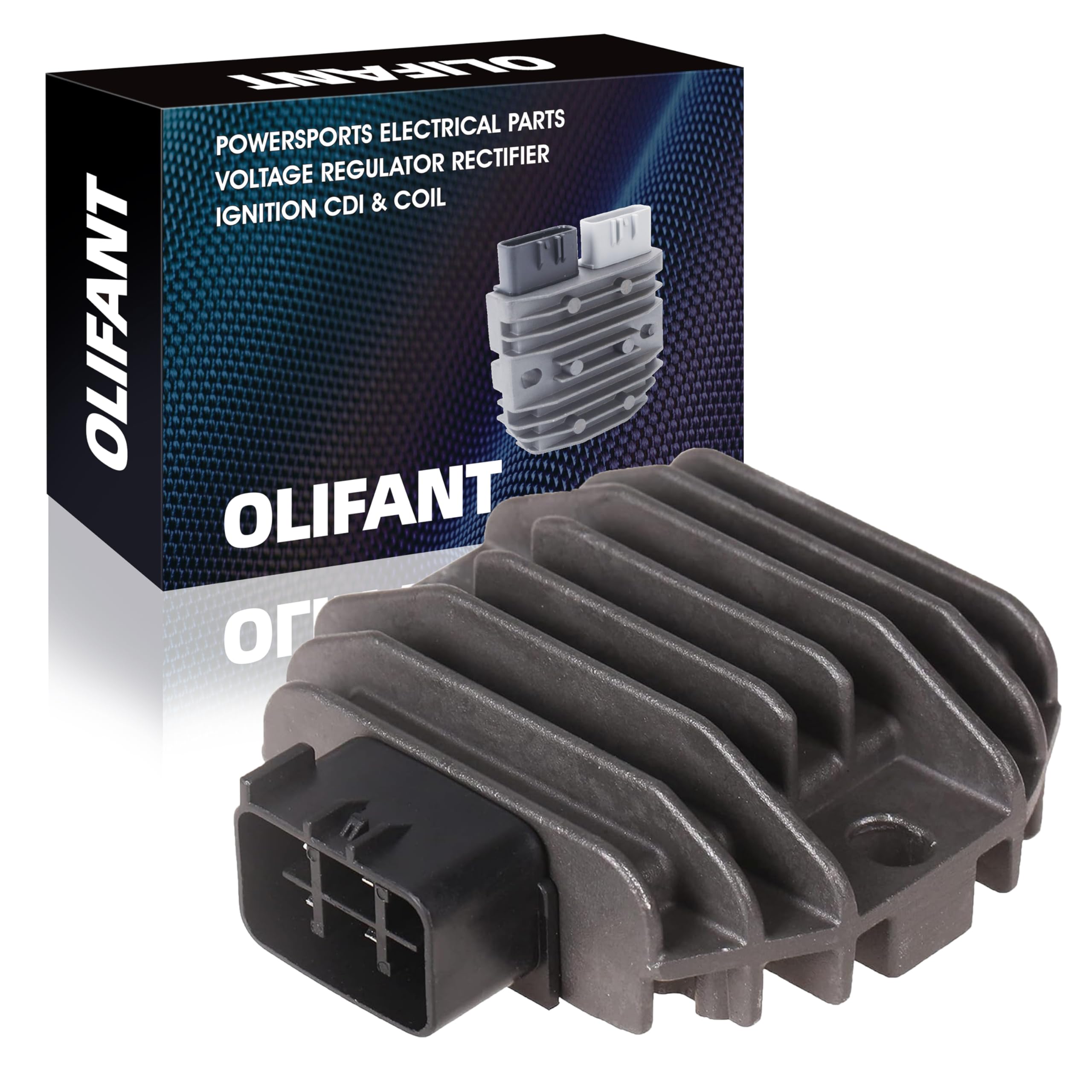 OLIFANT regulator rectifier front view showing mounting points and compact design benefit