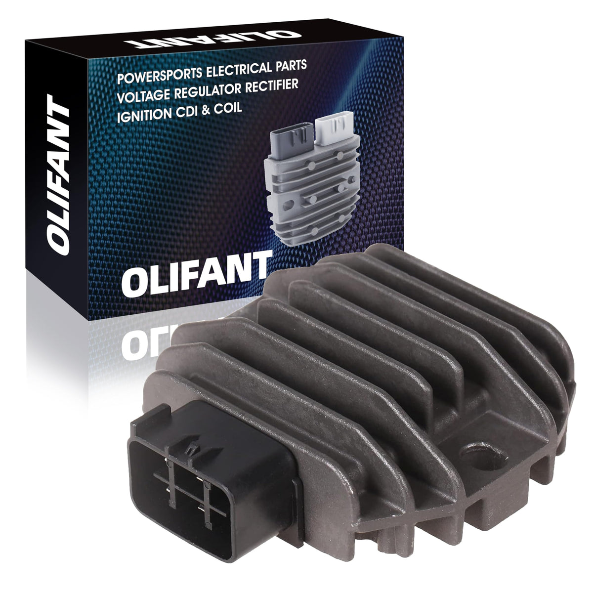 OLIFANT regulator rectifier front view showing mounting points and compact design benefit