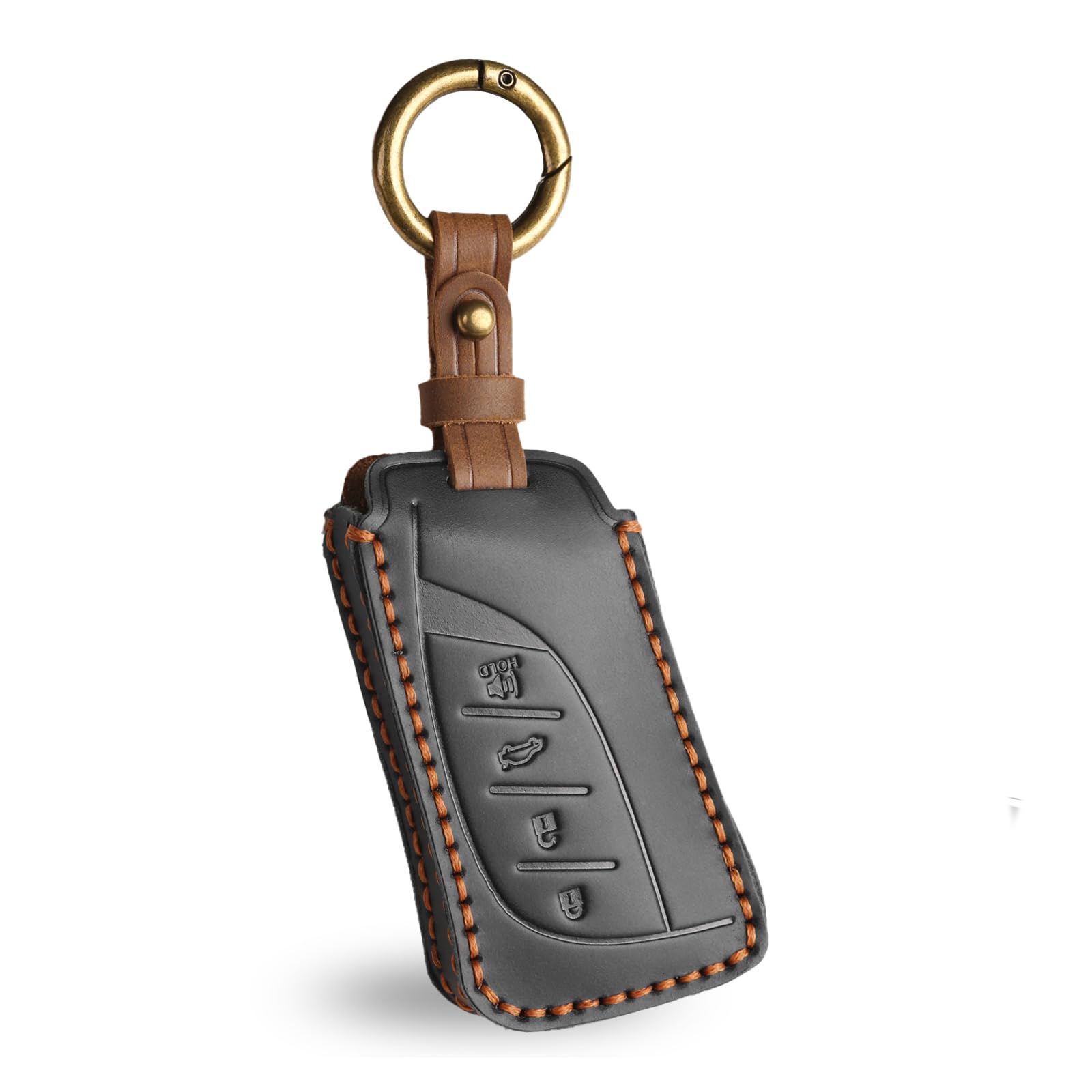 OLLEN front view of black leather key fob cover showing tailored fit and style