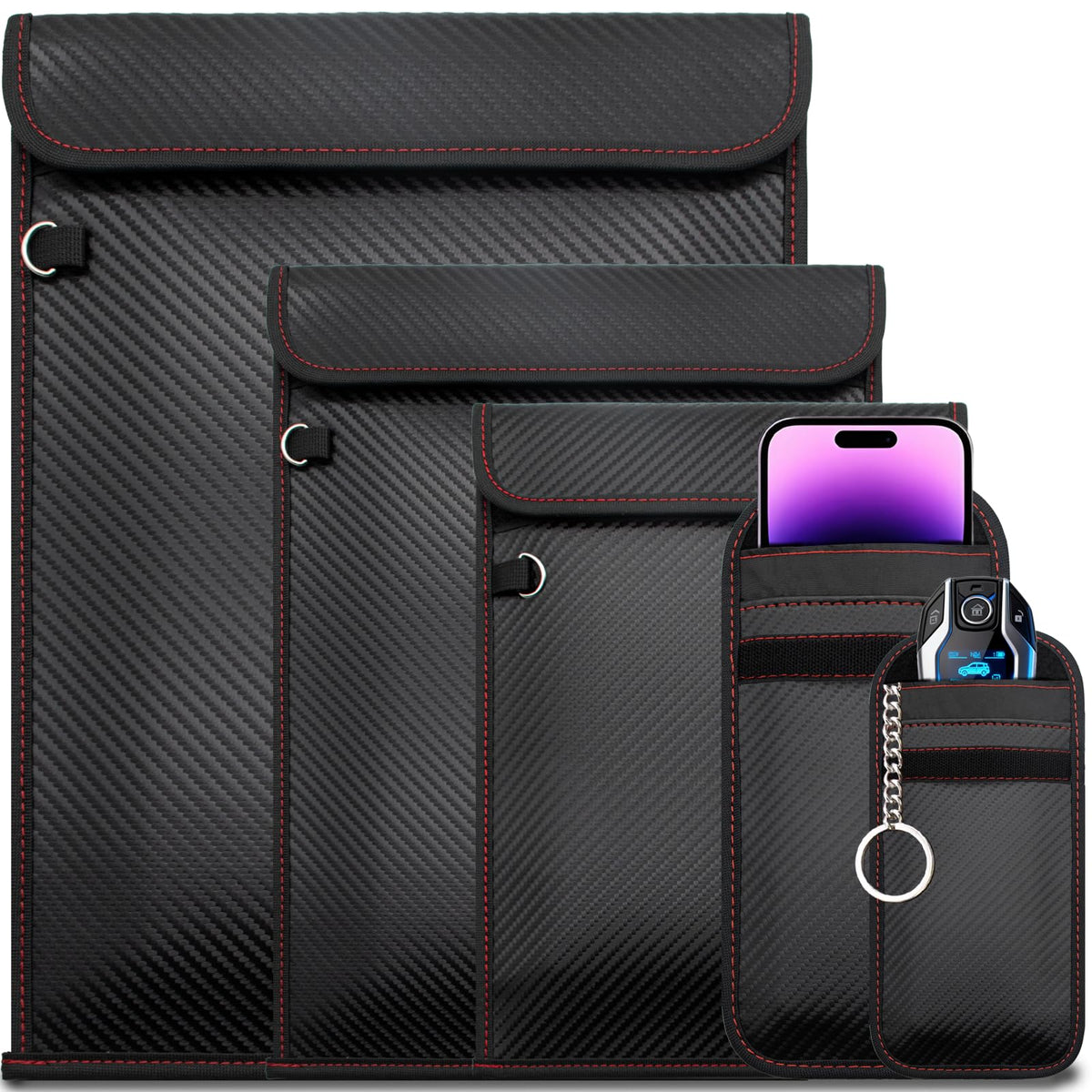 OMKHE front view of five-pouch set showing sizes and sleek design for secure storage