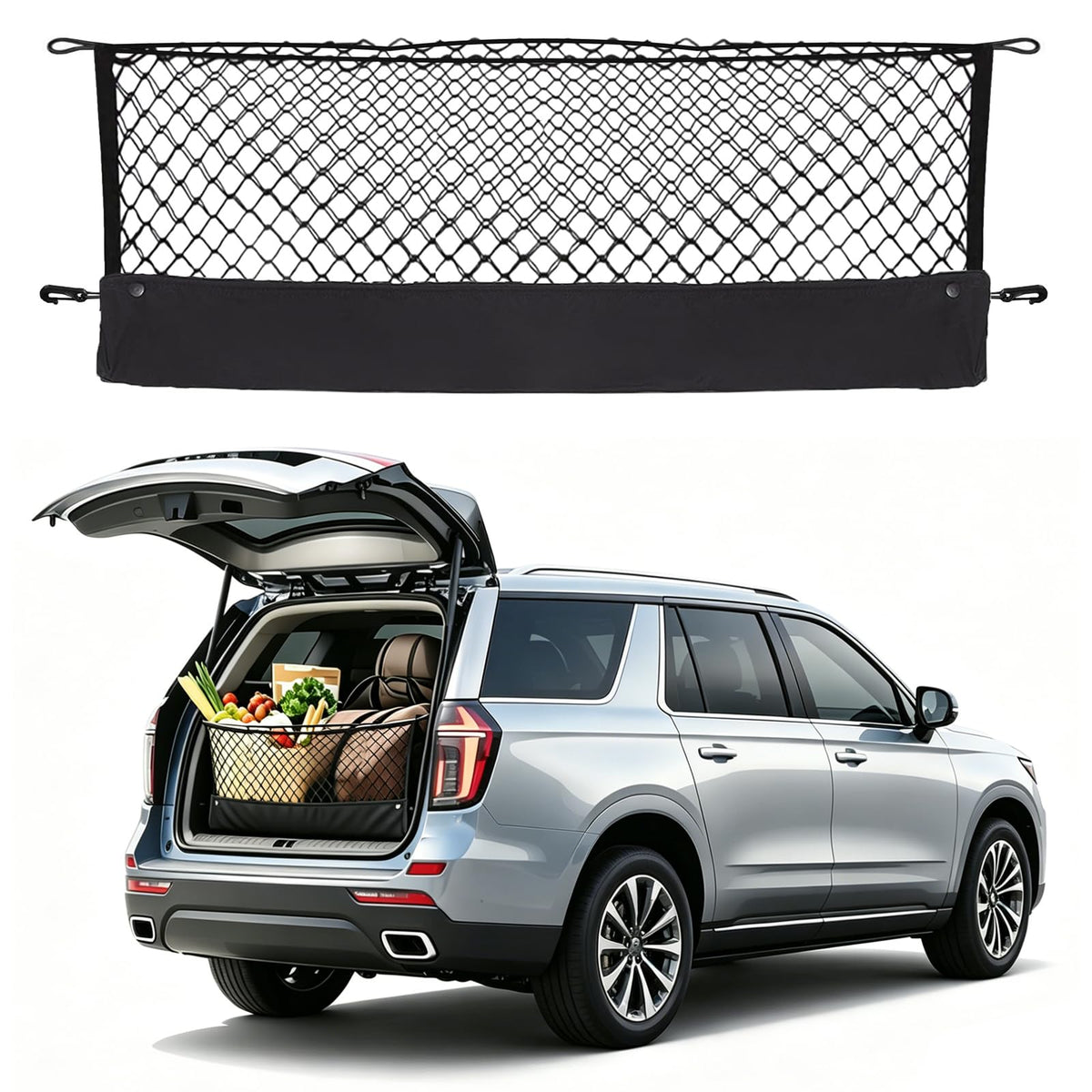 Omocyra cargo net front packaging showing compatibility with Tahoe Yukon and benefit of custom fit