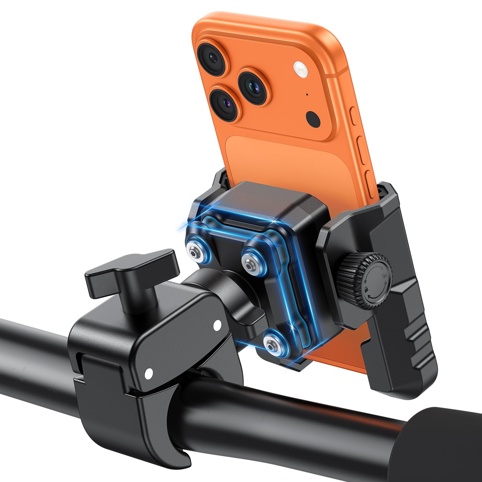 OMOTON BK01 front-mounted on handlebar showing secure grip and stability