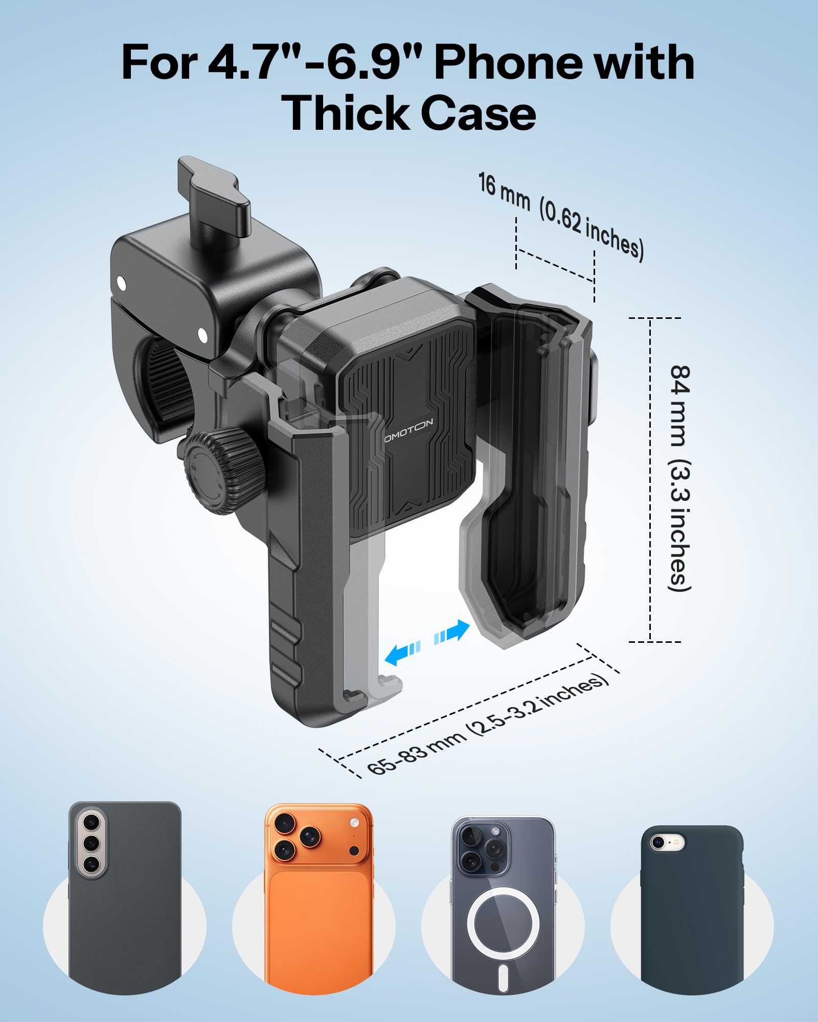 OMOTON BK01 mirror stem adapter installed showing adaptable mounting options