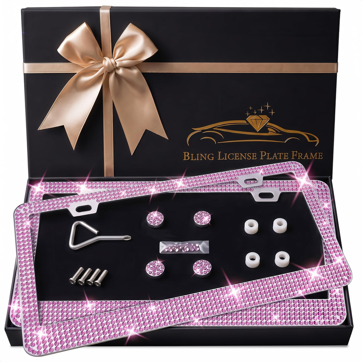 One Sight front view of two pink rhinestone license plate frames showing full design and finish