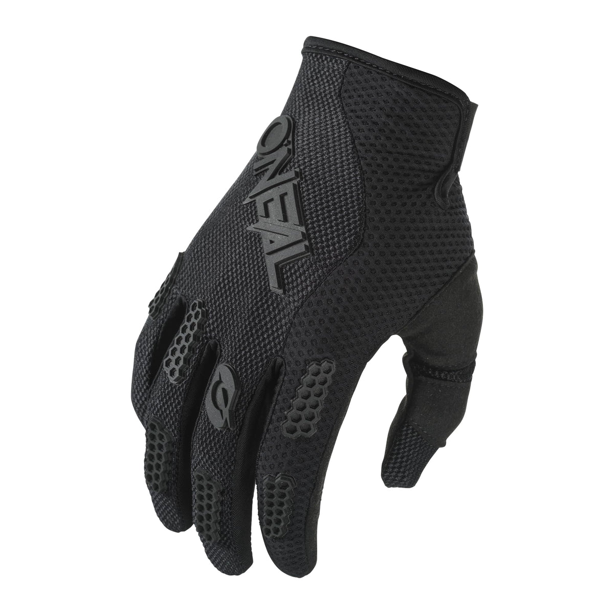 O'NEAL glove front view showing black design and brand, highlights fit and style