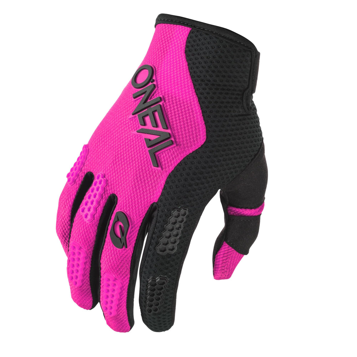 O'NEAL Element Woman glove front view showing black-pink design and fit benefits