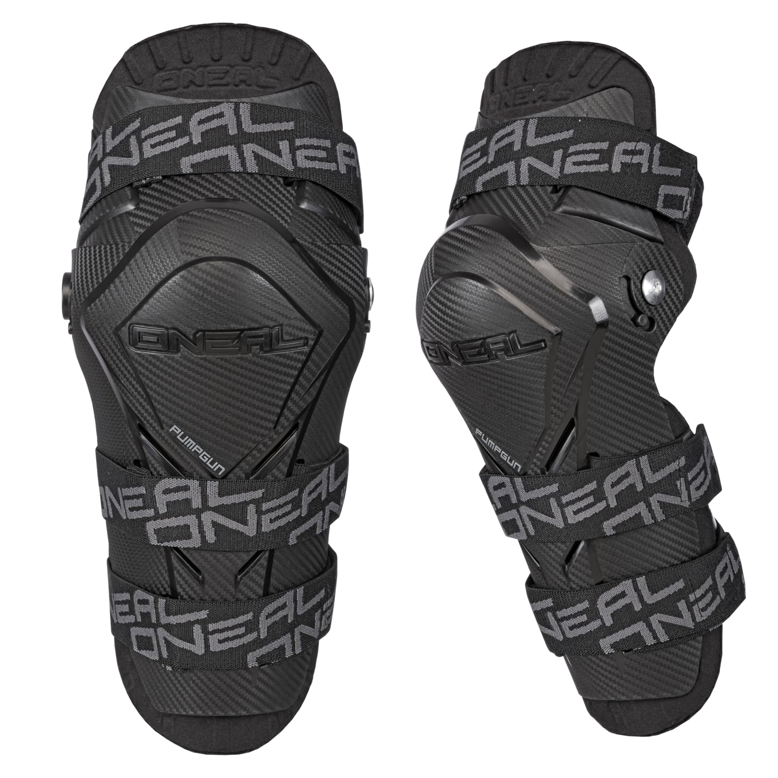 O'NEAL knee guard front view shows protective shell and breathable ventilation
