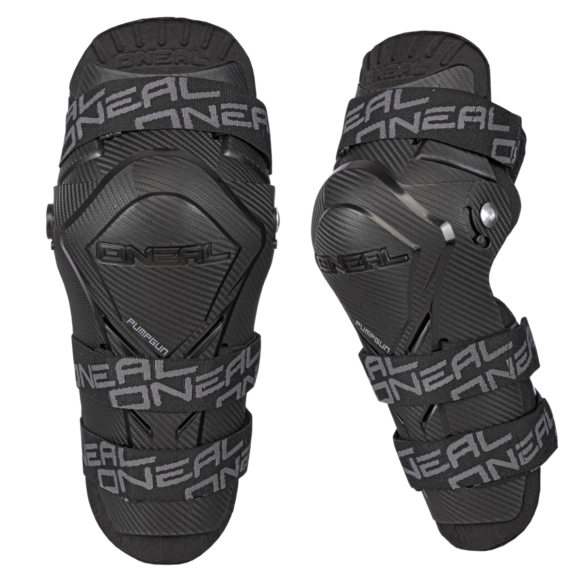 O'NEAL knee guard front view shows protective shell and breathable ventilation