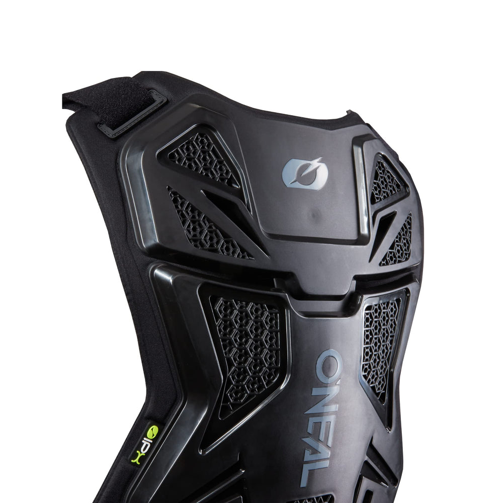 O'NEAL rear view highlighting back plate certification and secure fit benefits