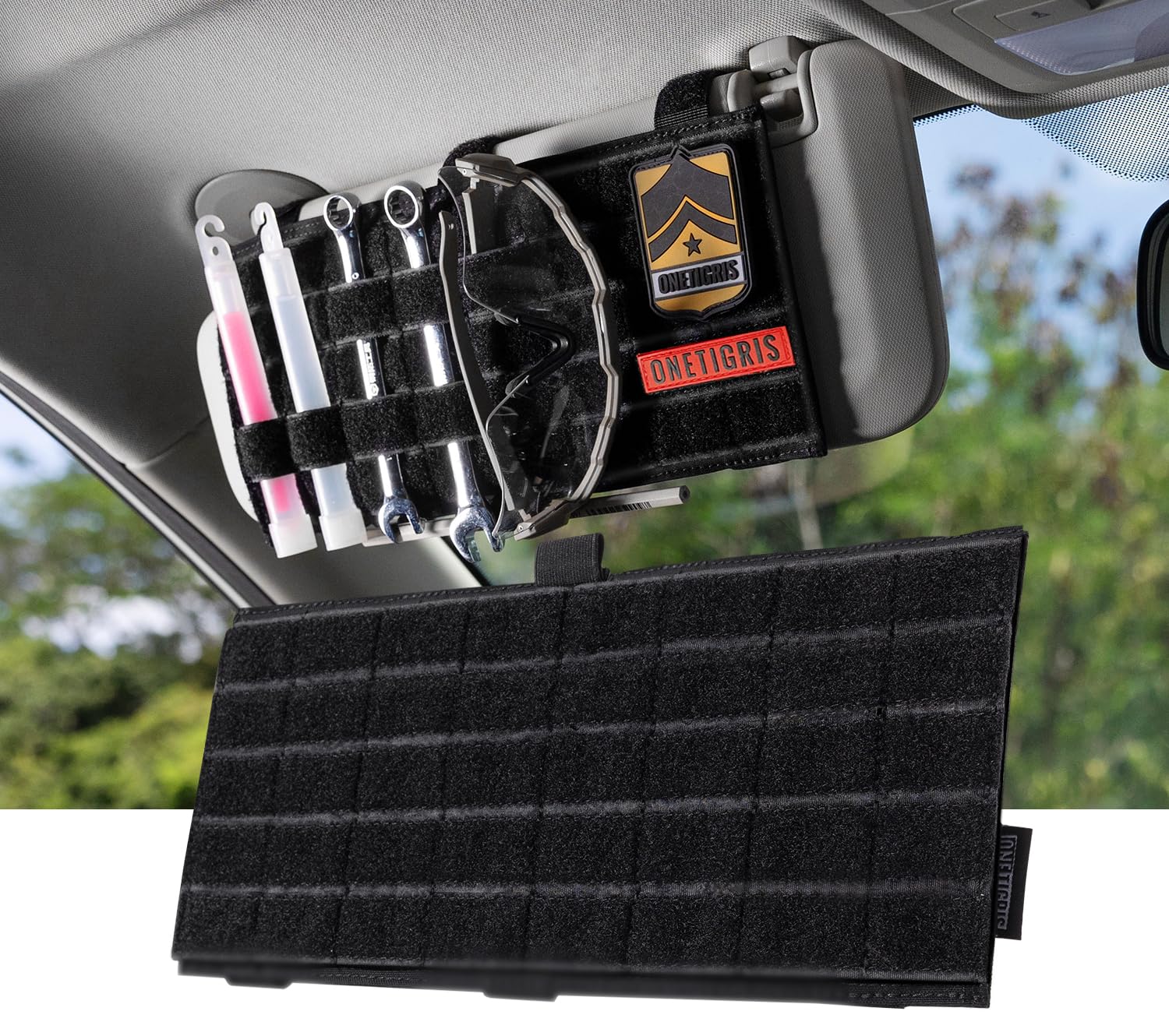ONETIGRIS front view of visor panel showing MOLLE layout and slim profile for organized storage