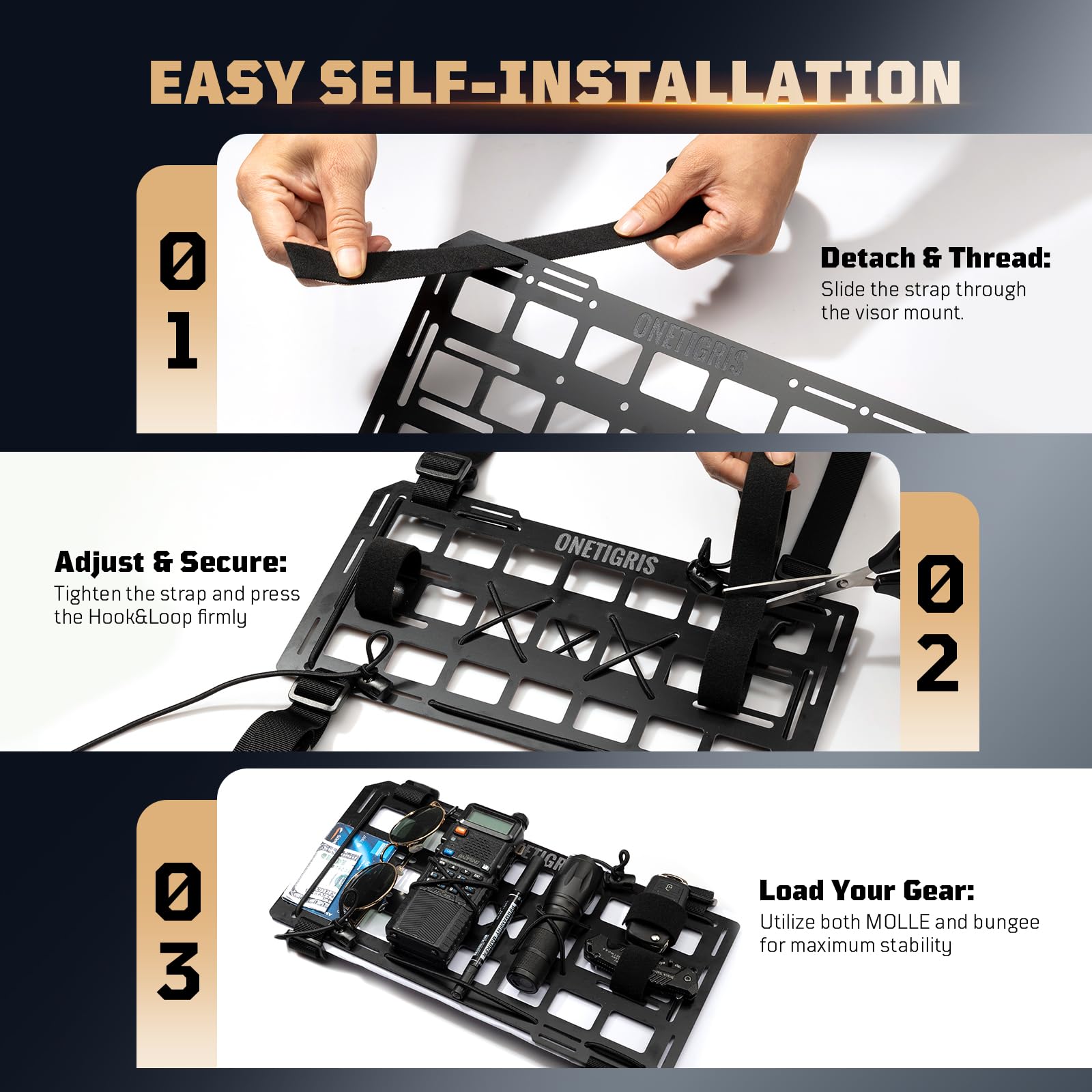 ONETIGRIS adjustable strap and hook-and-loop fastener for tool-free mounting