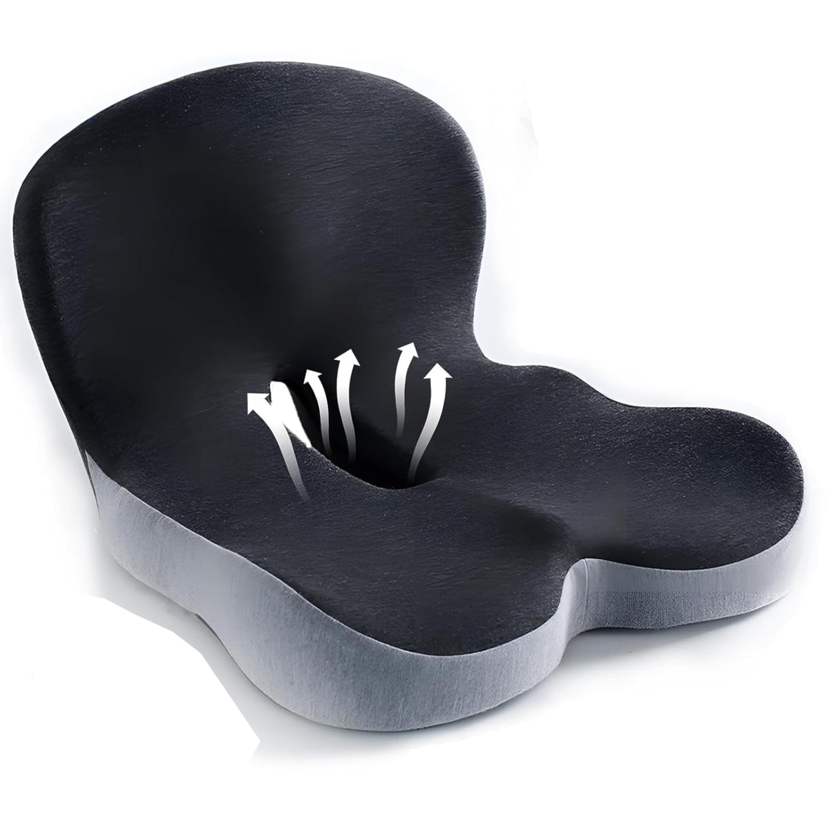 Onever front view of dual-color seat cushion showing profile and comfort benefits