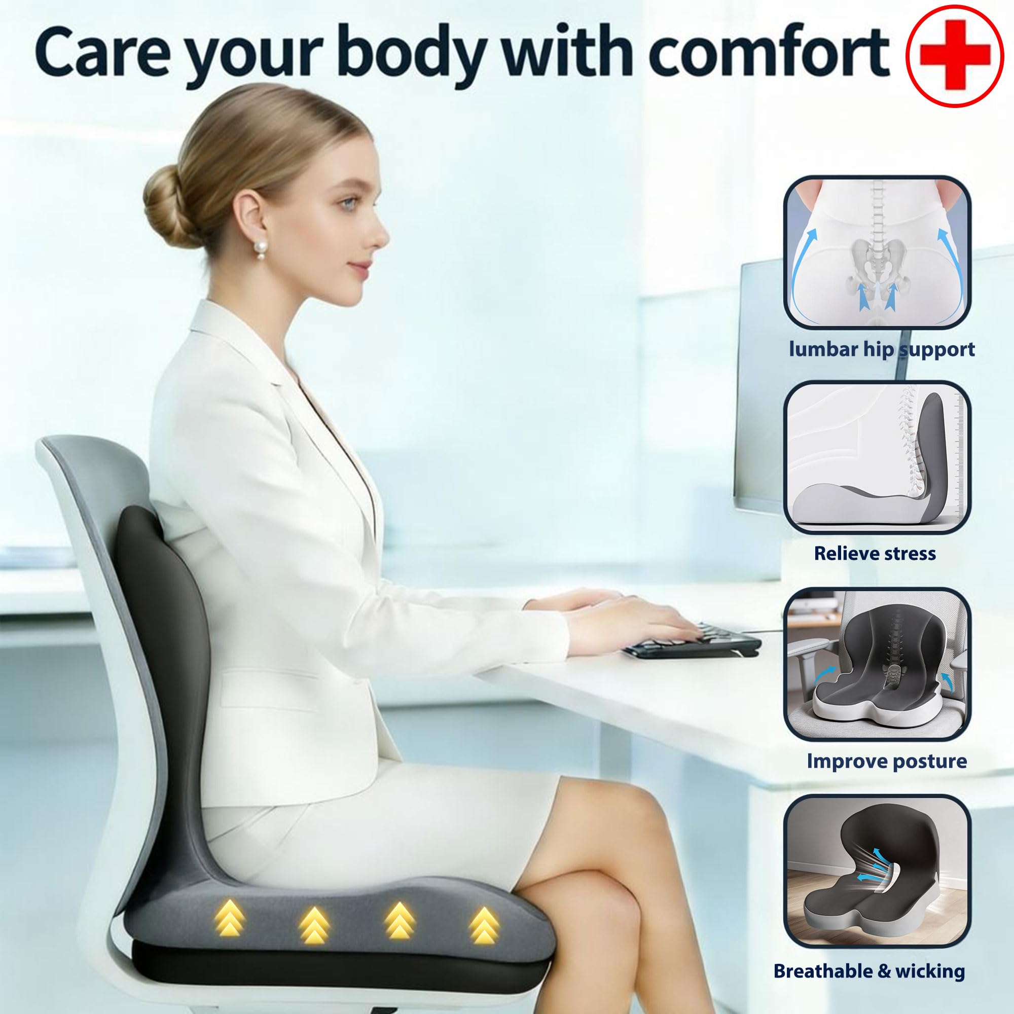 Onever angled shot of integrated lumbar wedge showing improved lower-back support