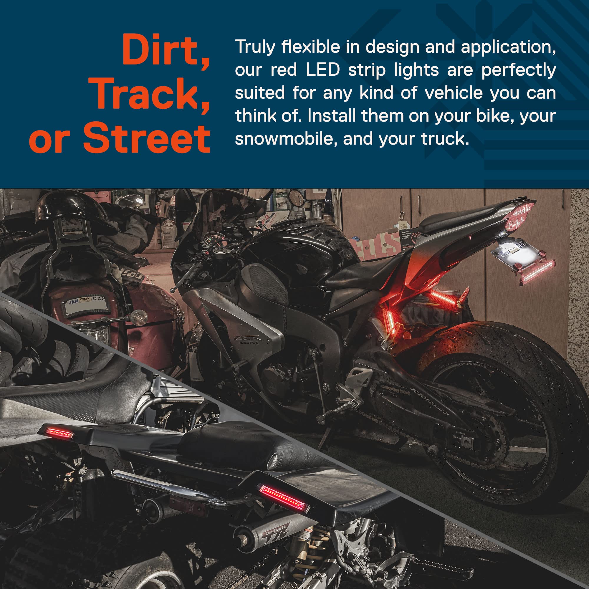 ONLINE LED STORE TRUE MODS mounted on motorcycle tail showing integrated clean look