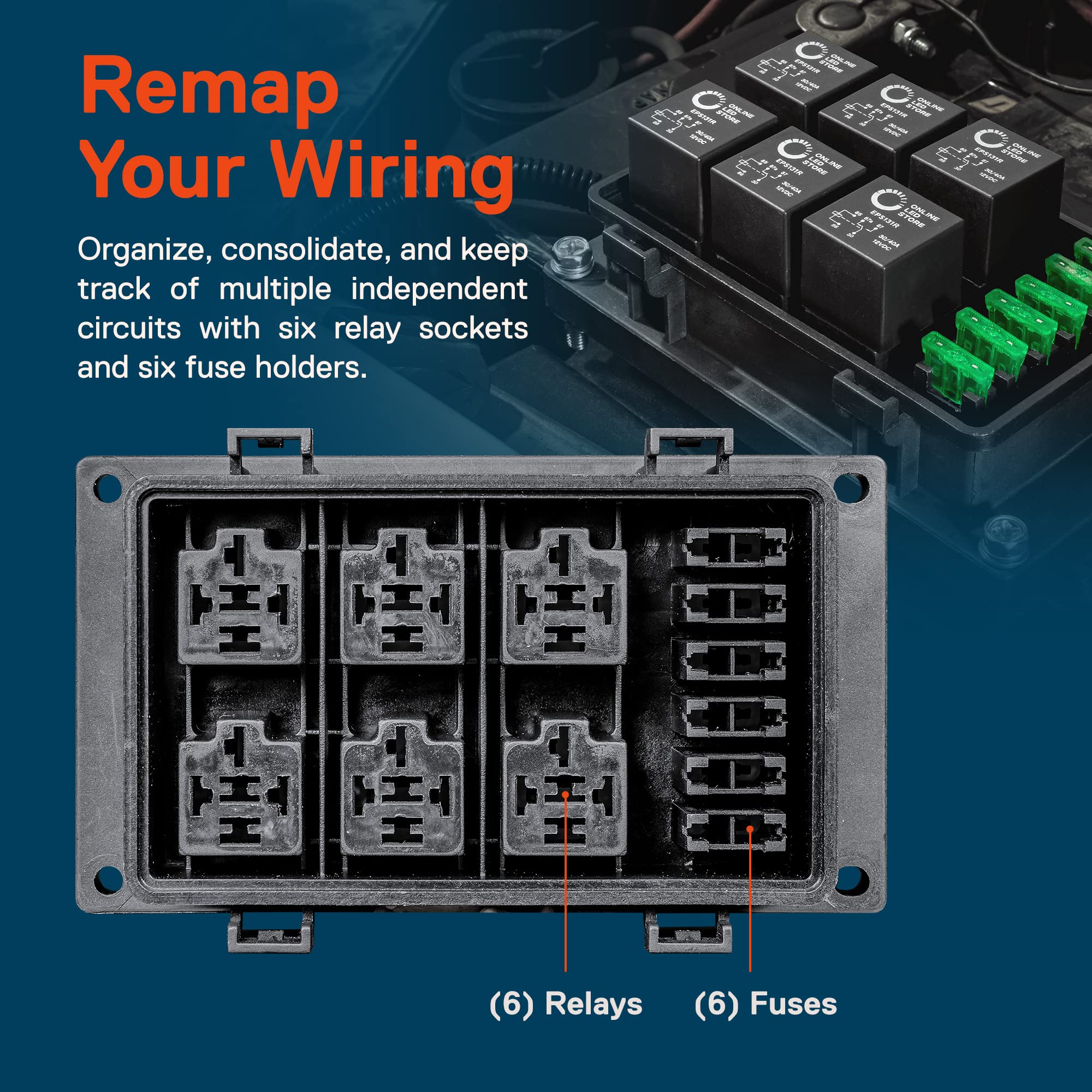 ONLINE LED STORE True MODS relay box open revealing six relay sockets and fuse holders