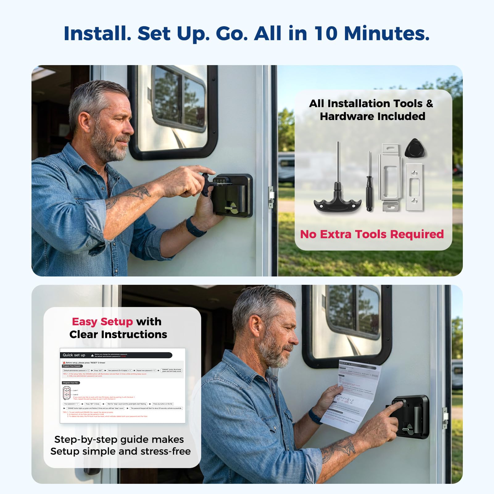 ONNAIS installed on RV door at campsite showing peace-of-mind security