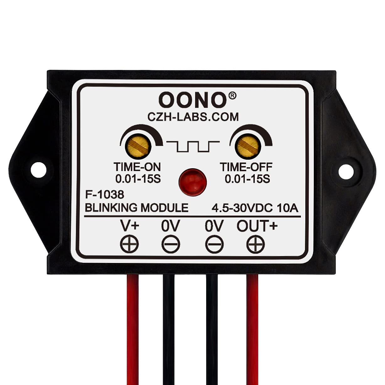 OONO front view of flasher module showing compact housing and mounting holes for easy install