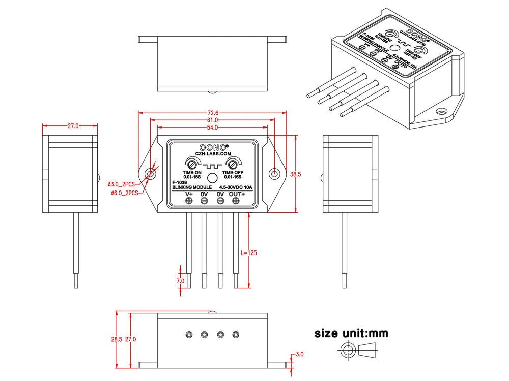 OONO wiring leads and printed label visible for quick connections and safe identification