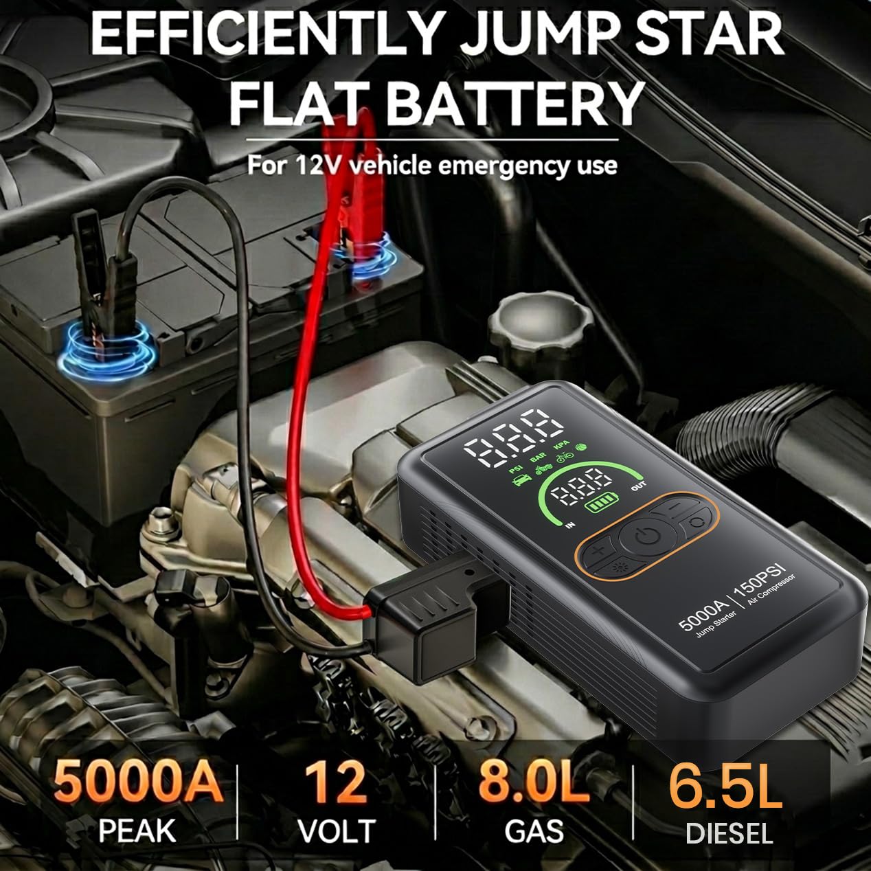 OOTOBE digital display closeup showing pressure, battery and jump status for clear monitoring
