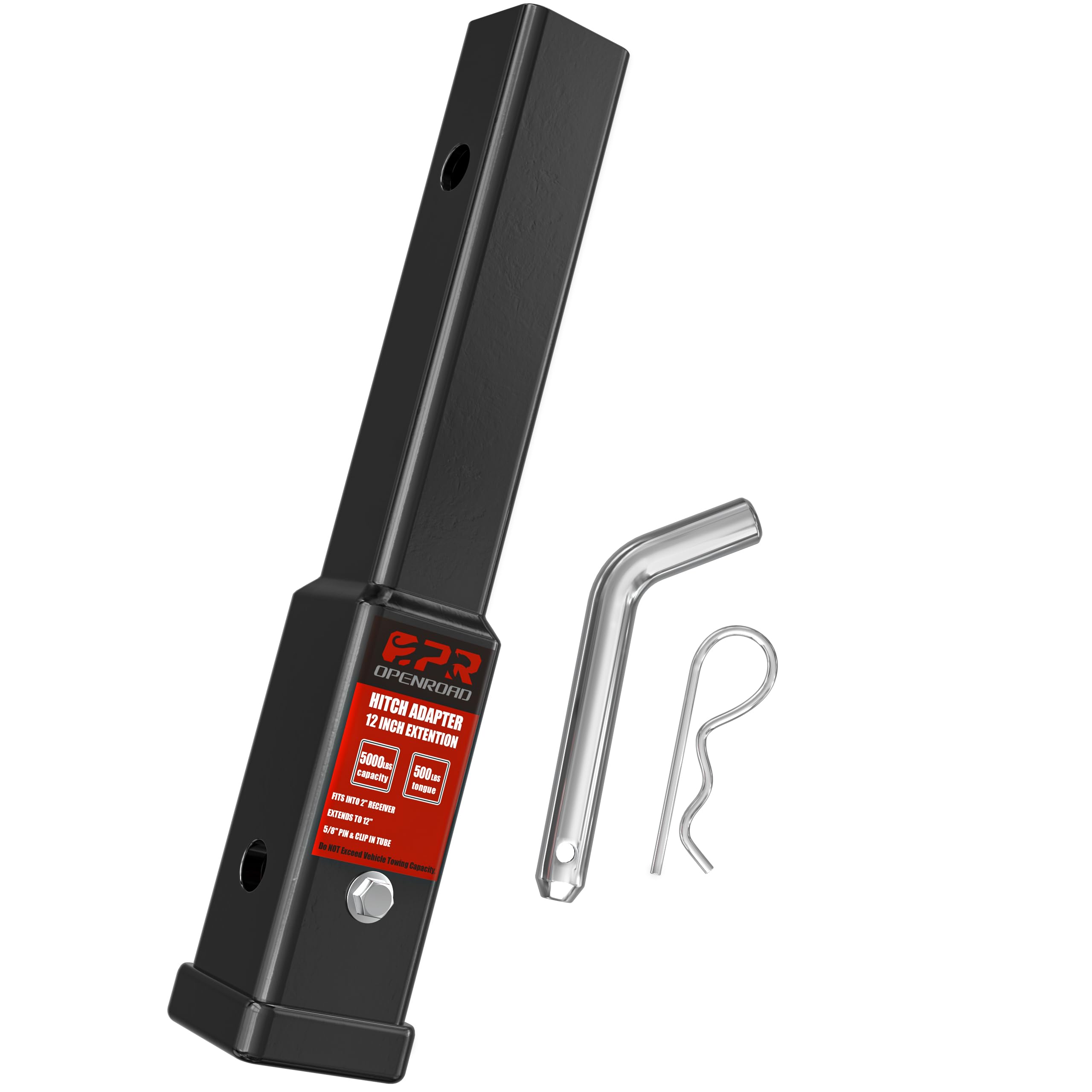 OPENROAD front view of 12-inch hitch extender showing sturdy shank and finish for durability