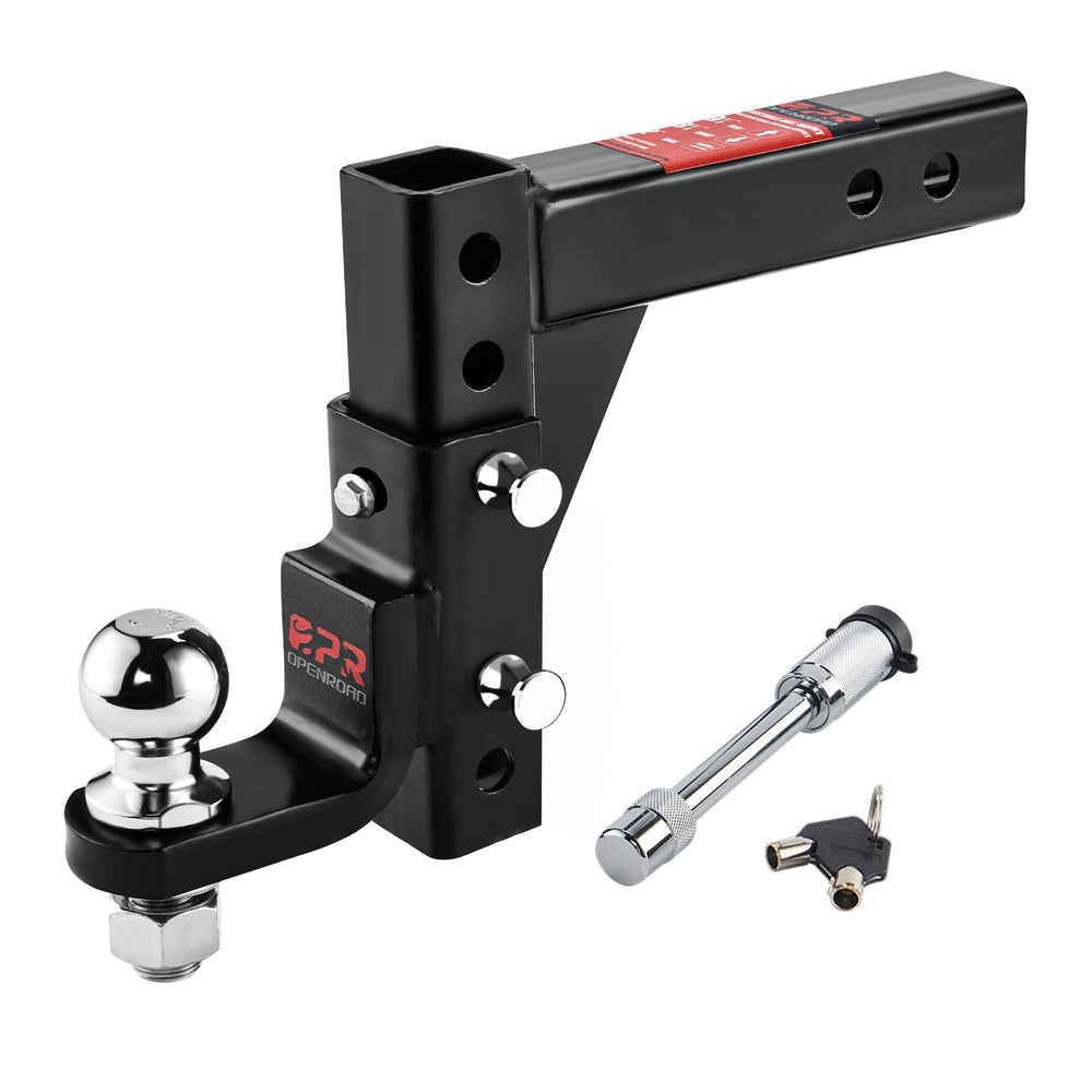 OPENROAD front view assembled hitch showing 2-inch ball and receiver fit benefit durability