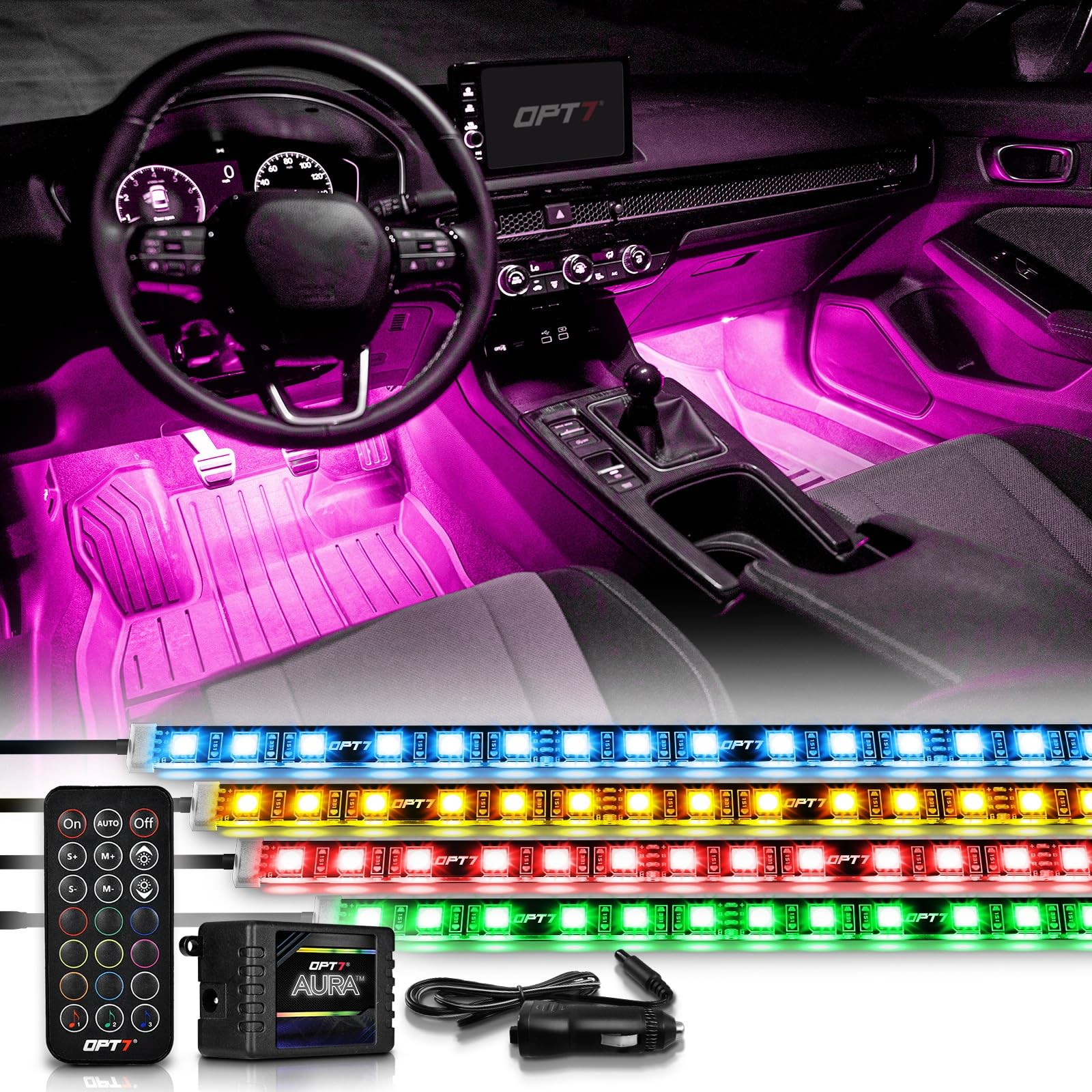 OPT7 Aura front packaging showing kit contents and clear benefit of ready installation