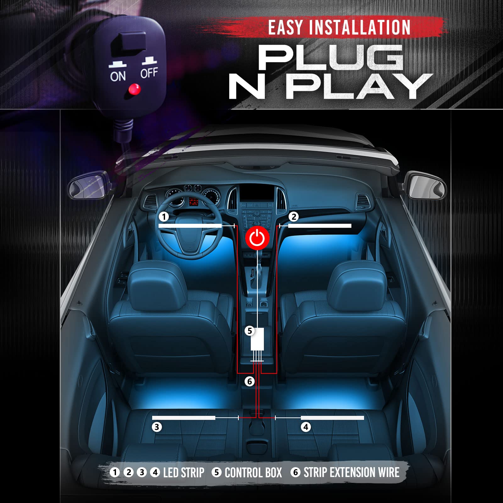 OPT7 Aura installed in a car footwell providing ambient mood lighting and safer visibility