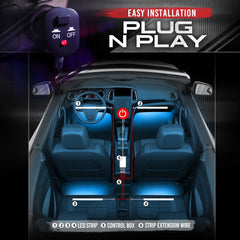 OPT7 Aura installed in a car footwell providing ambient mood lighting and safer visibility