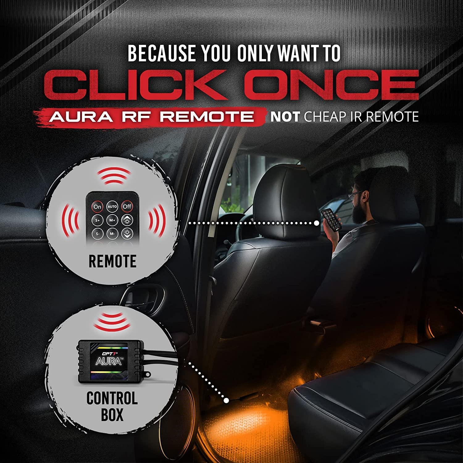 OPT7 Aura lifestyle shot during night drive creating immersive cabin atmosphere and music-sync