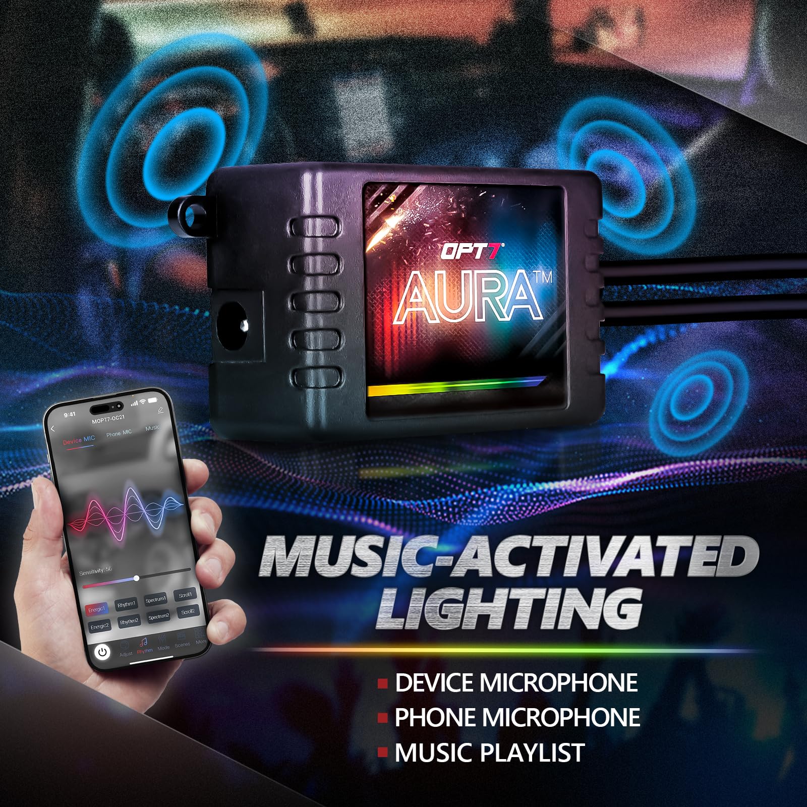 OPT7 remote beside phone with OPT7 GLOW app for instant control