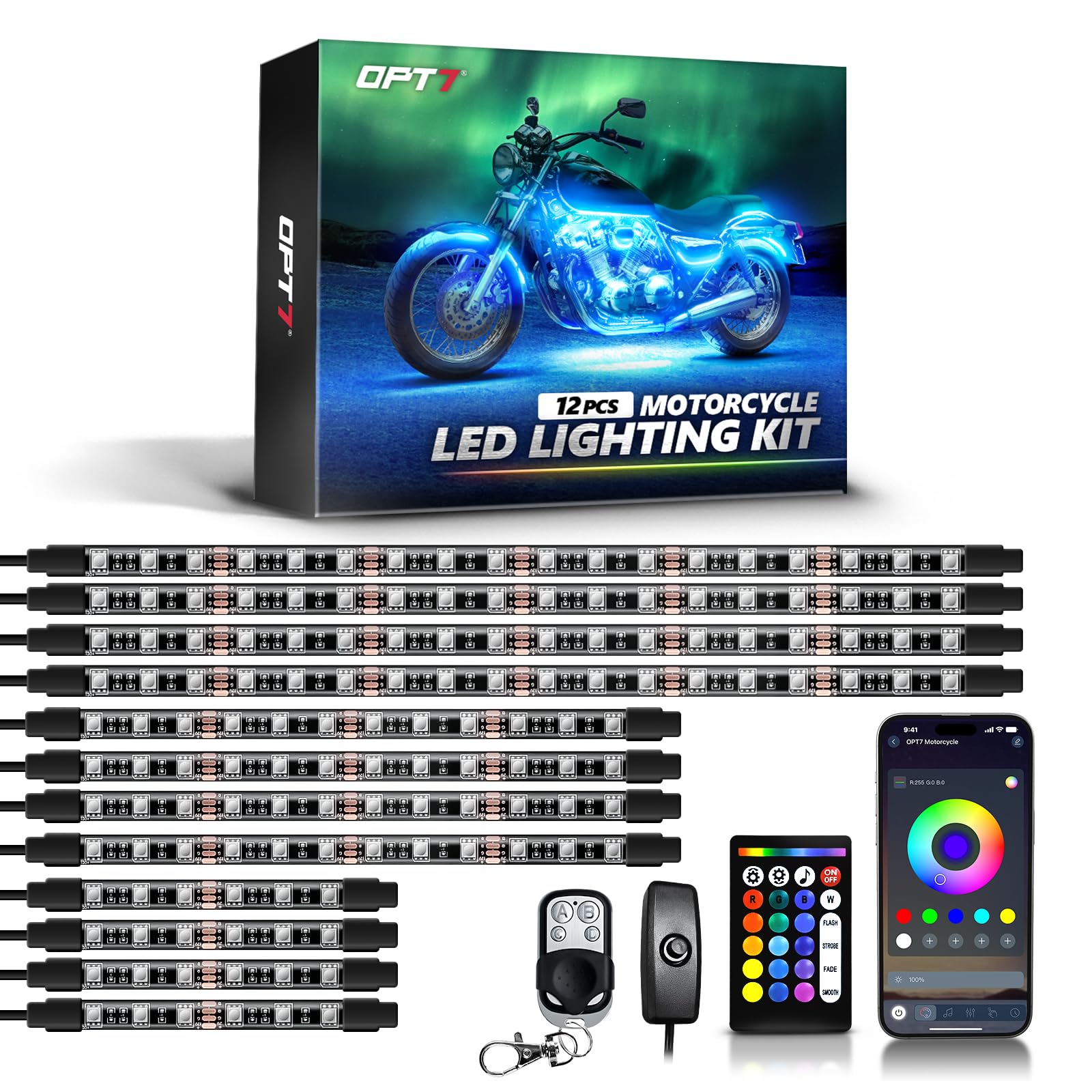 OPT7 front packaging showing full LED kit and components for easy identification and purchase benefit