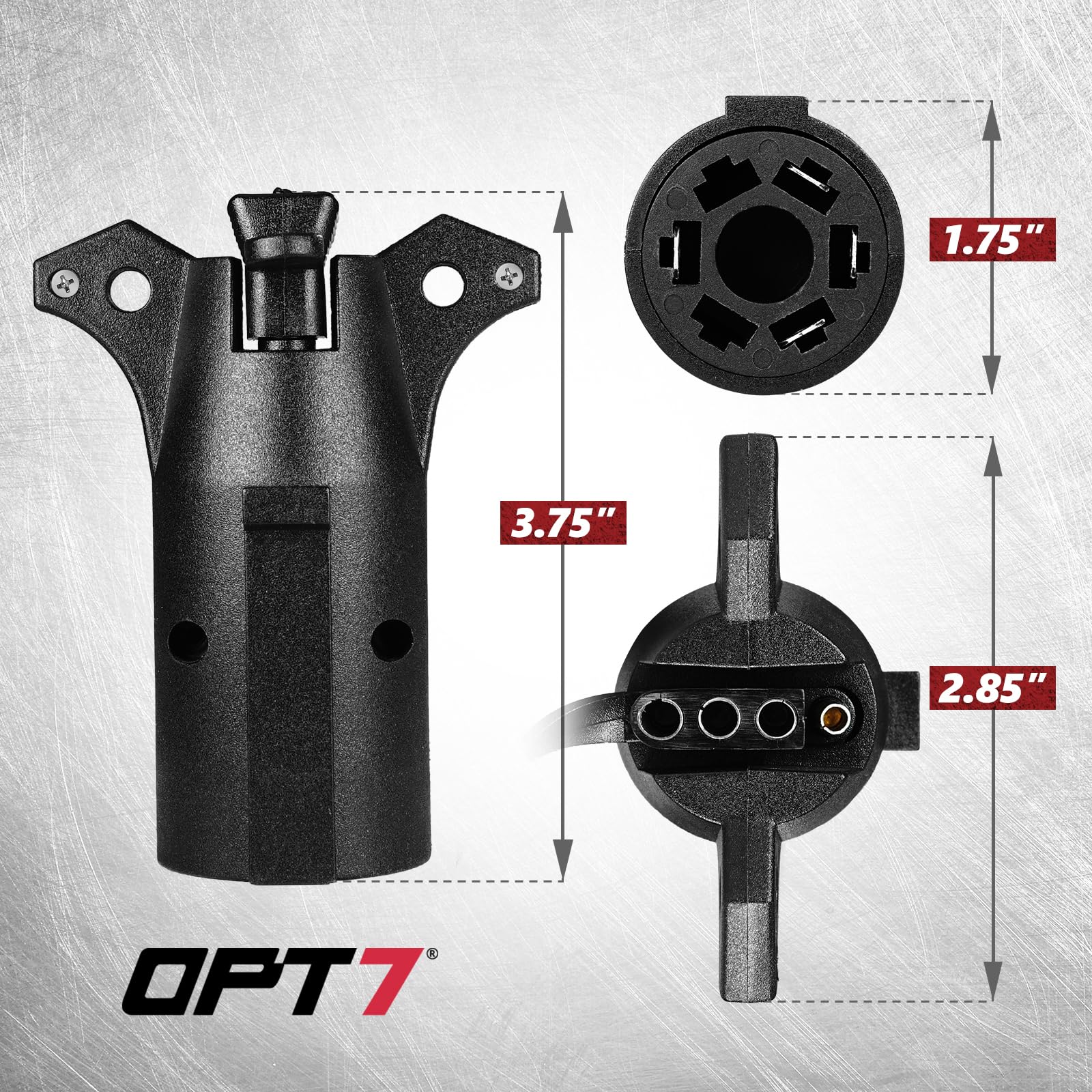 OPT7 in-use trailer hookup with adapter connected for fast, tool-free trailer compatibility