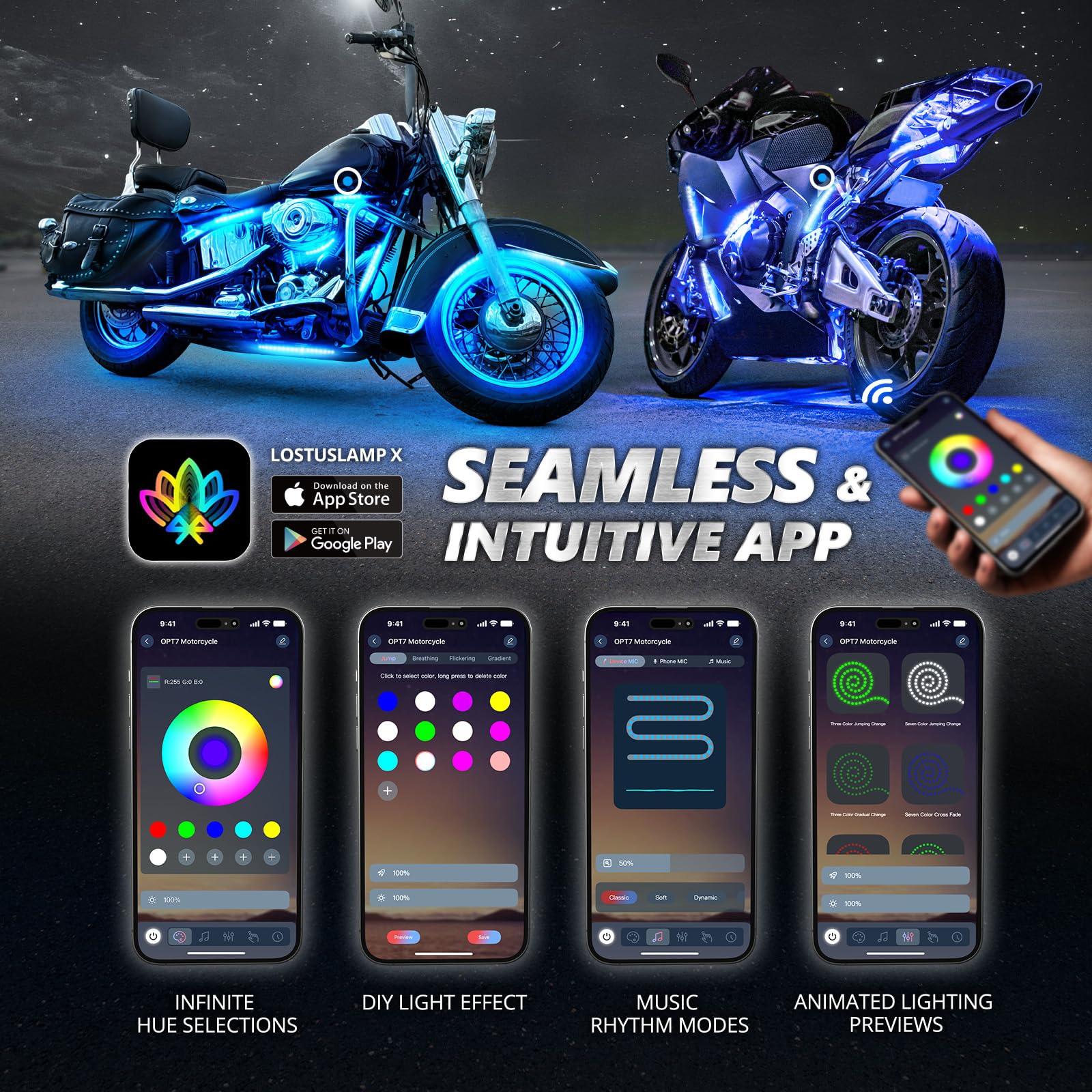OPT7 installed underbody underglow on motorcycle highlighting enhanced night appearance and visibility