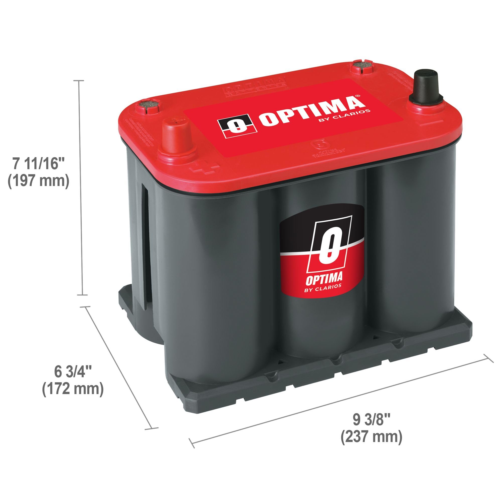OPTIMA REDTOP 25 top label closeup showing specifications and easy-to-read brand info