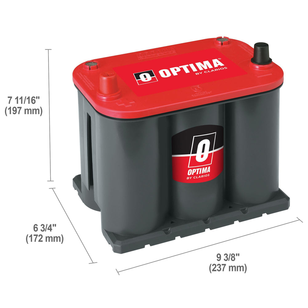 OPTIMA REDTOP 25 top label closeup showing specifications and easy-to-read brand info