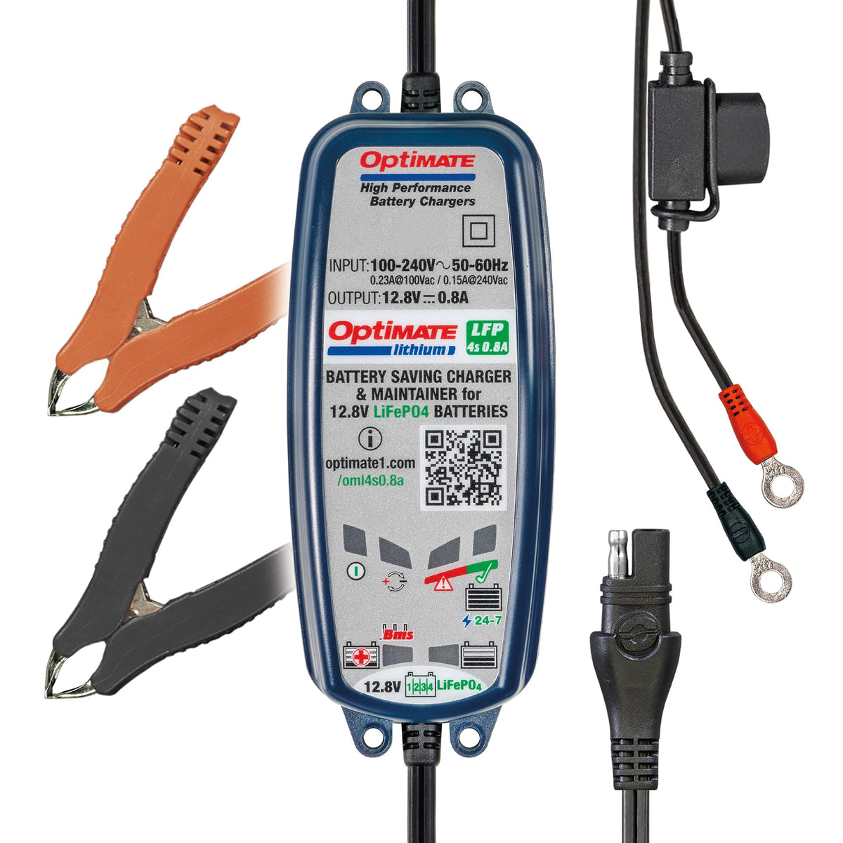 OptiMATE front view showing unit and compact charger design benefit