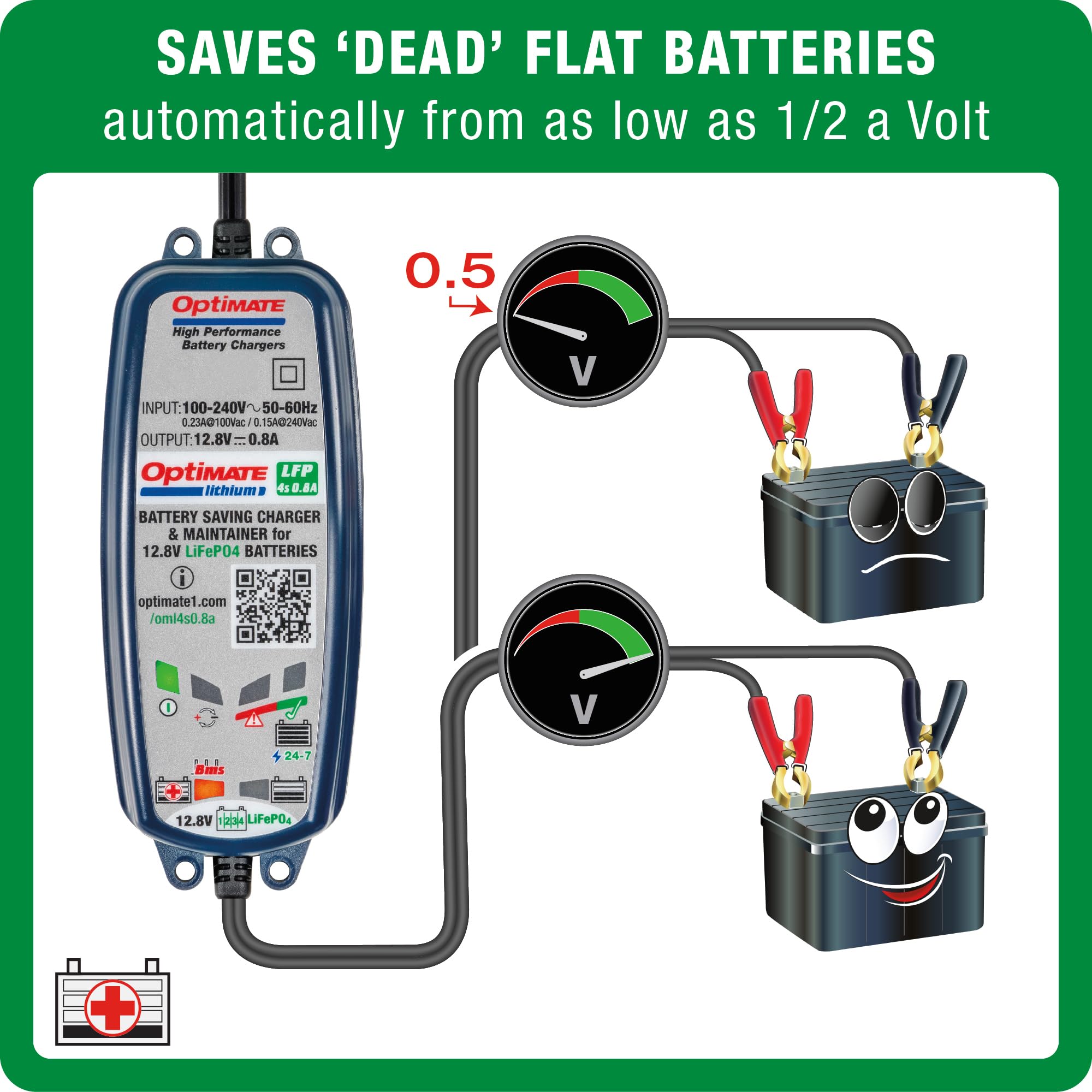 OptiMATE connected with battery clamps showing safe BMS wake-up use