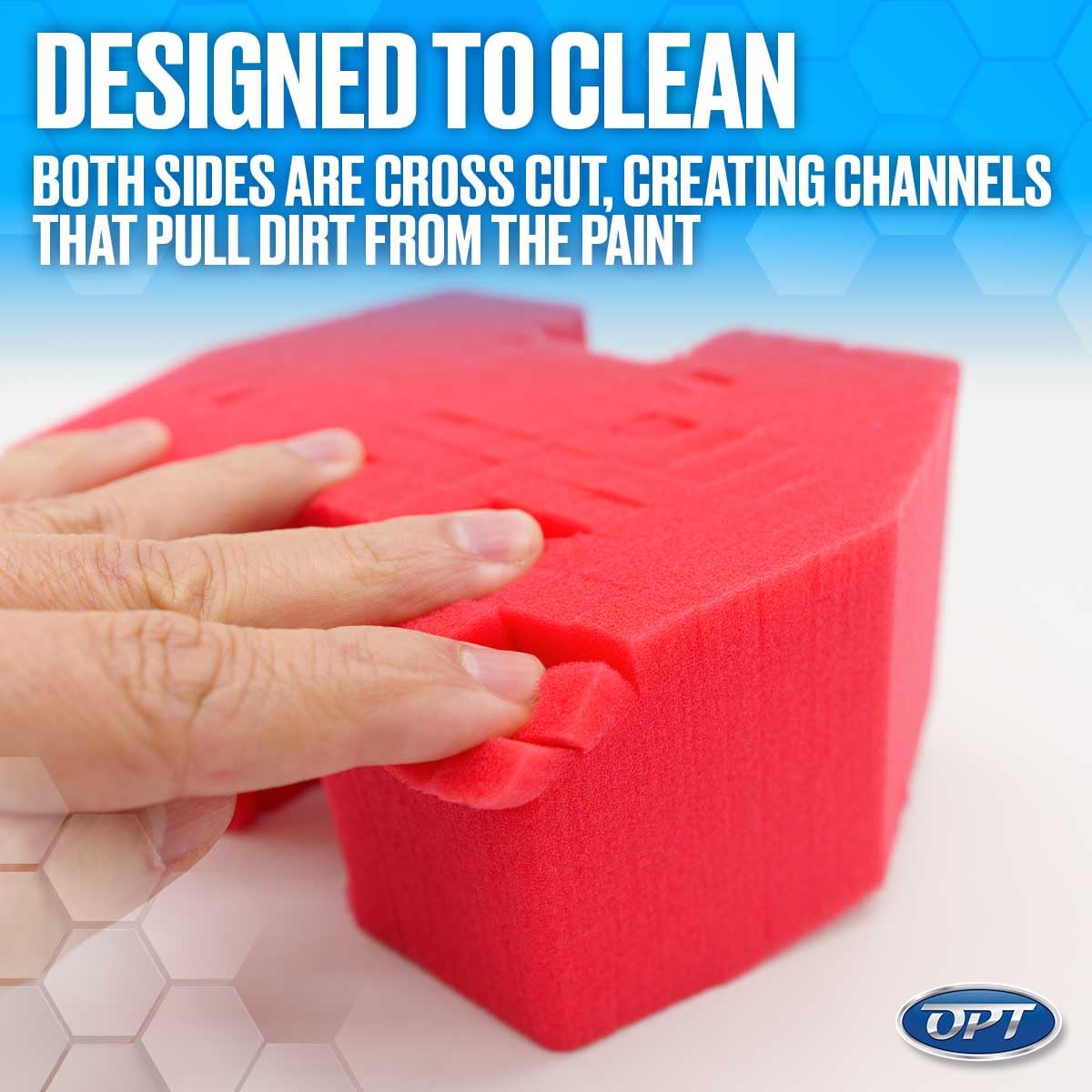 Optimum Big Red Sponge 2.0 angled cross-cut texture traps dirt for paint protection