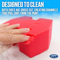 Optimum Big Red Sponge 2.0 angled cross-cut texture traps dirt for paint protection