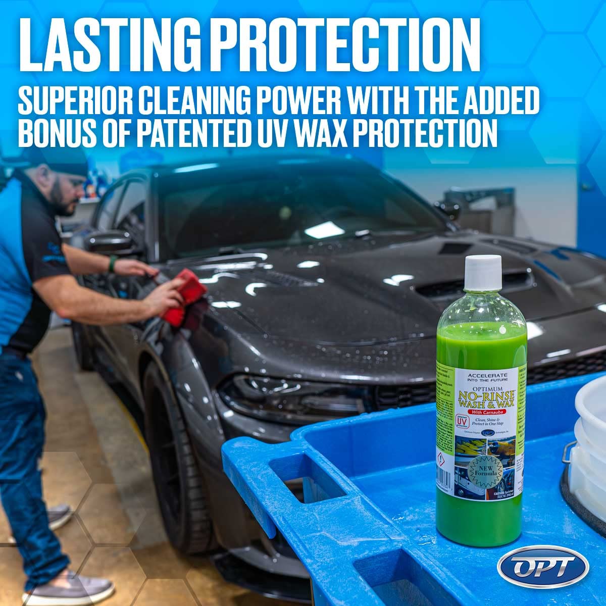 Optimum No Rinse cleaning an RV exterior illustrating water-saving large-vehicle care
