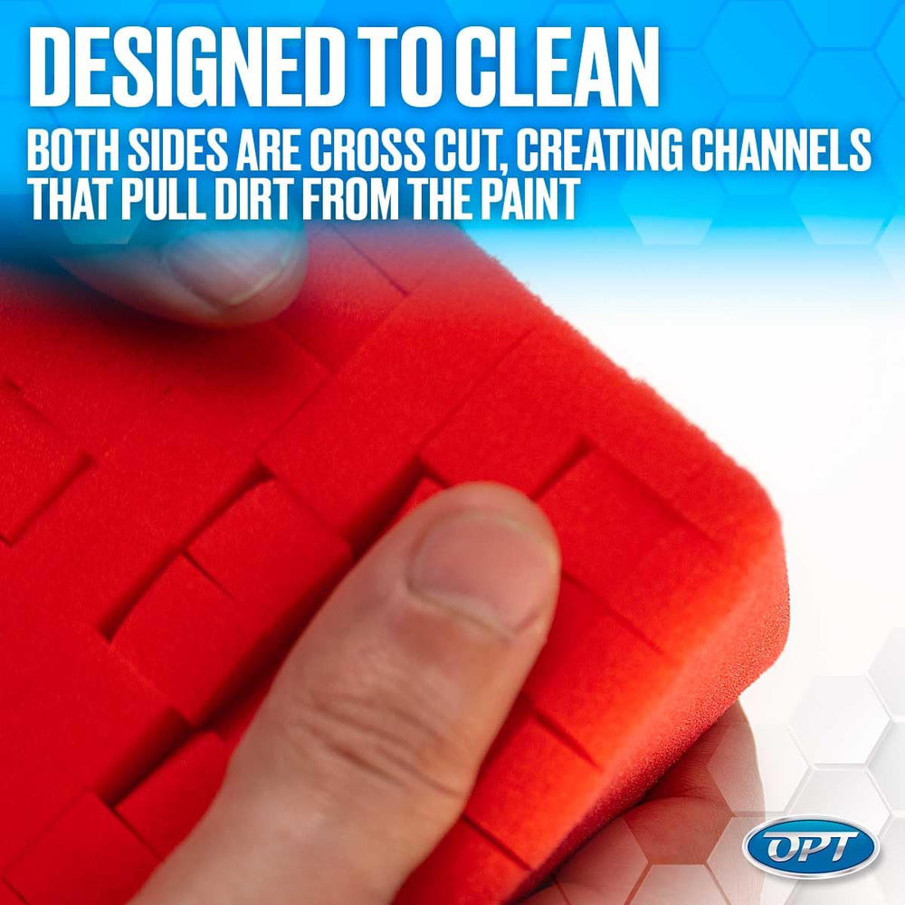 Optimum Big Red Sponge washing car panel showing gentle lift of contaminants