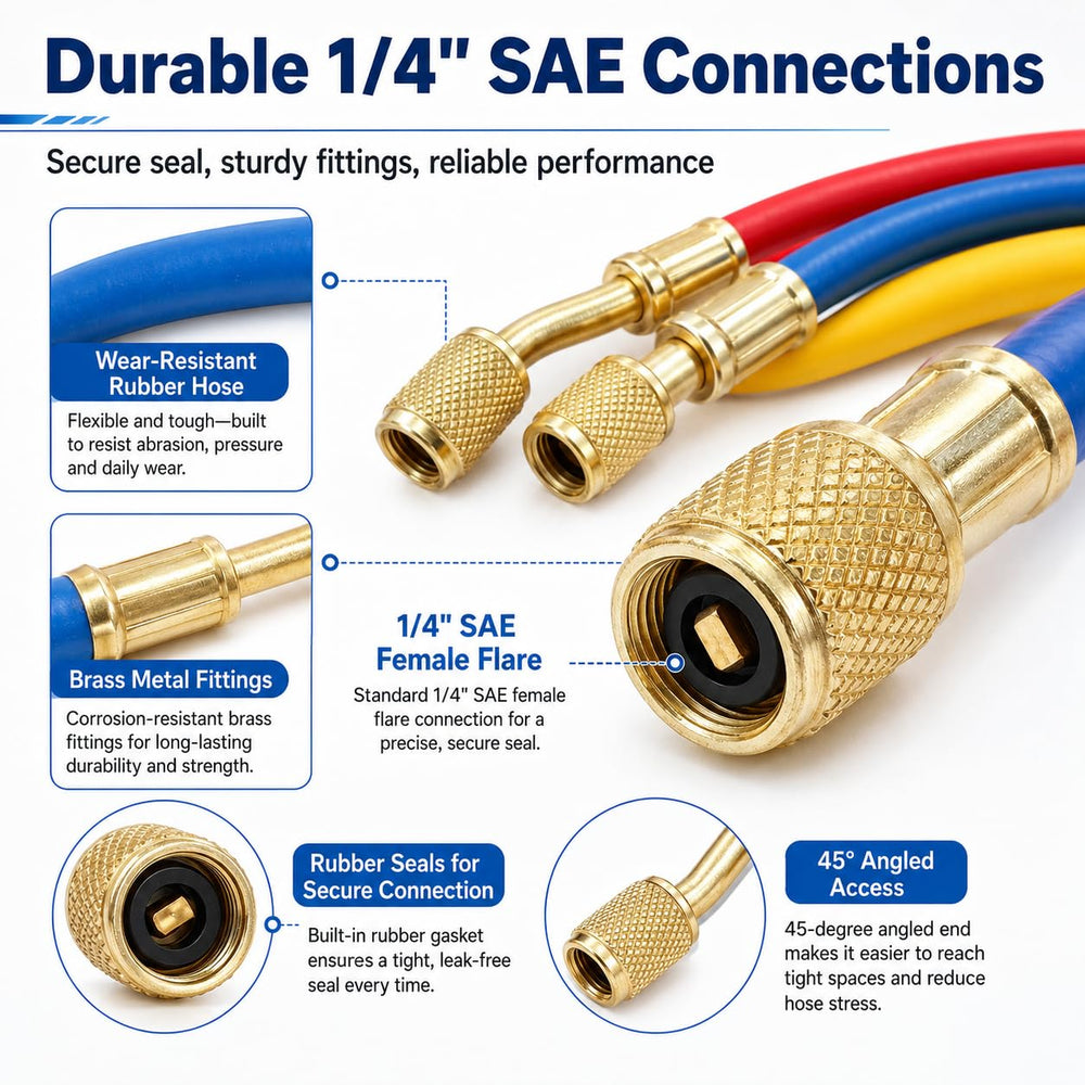 Oralys hose connected to car AC service ports demonstrating easy reach during repair