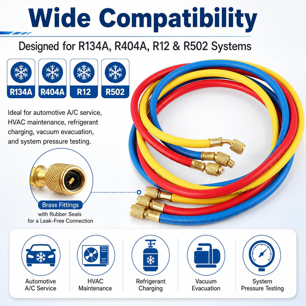 Oralys hose attached to a manifold gauge set illustrating compatibility and control