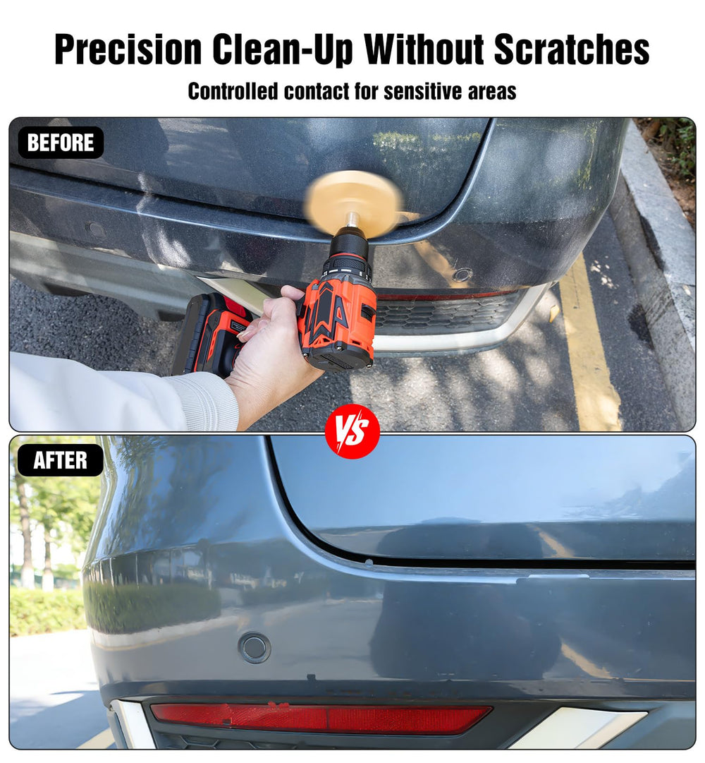 OrbitShell wheel in use on car door removing vinyl faster and cleaner