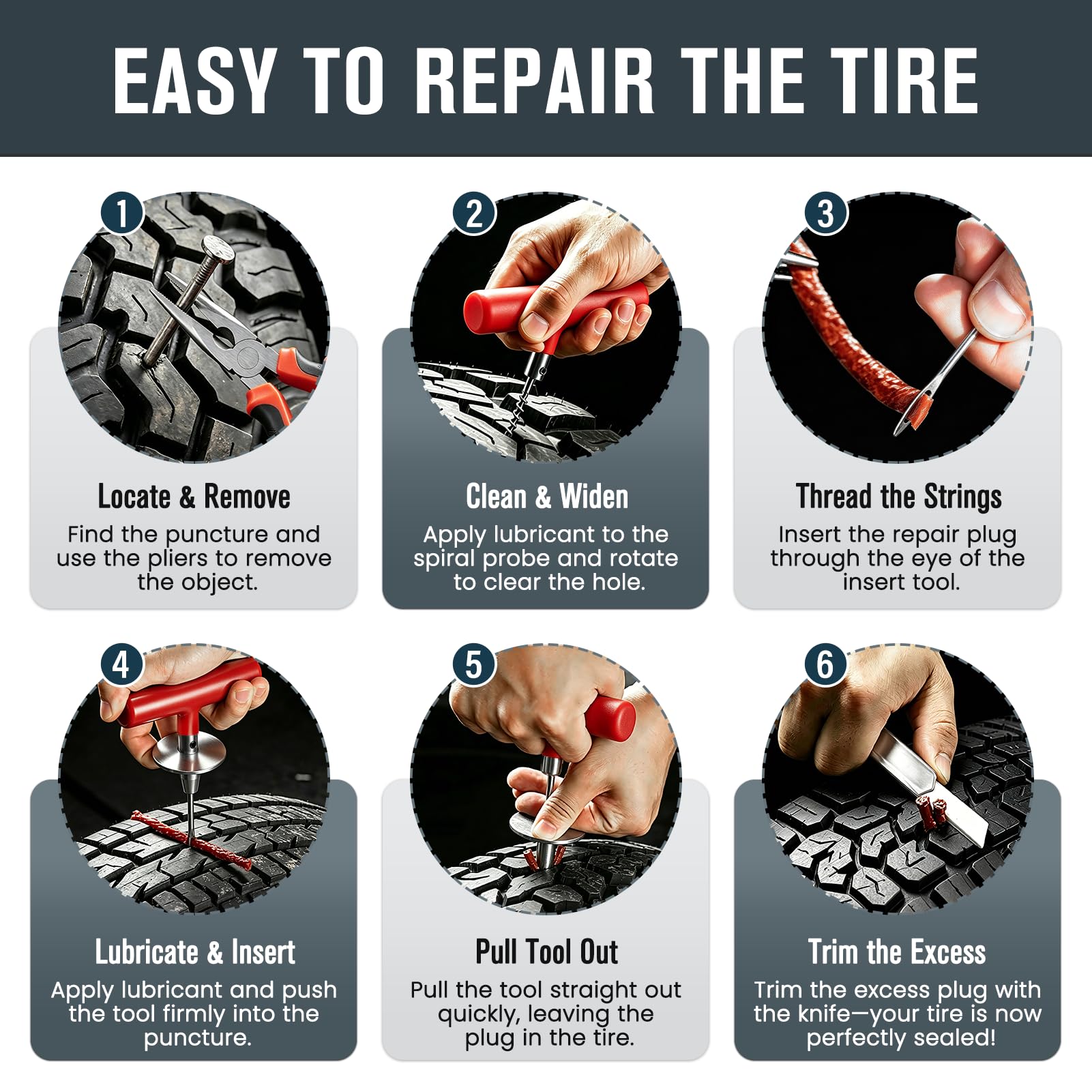 ORCISH plug being inserted into tubeless tire showing roadside repair capability