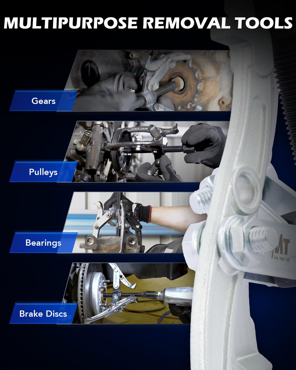 Orion Motor Tech 4-inch puller profile illustrating reach and reinforced arms