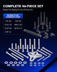 Orion Motor Tech adaptors and bolts arranged to show included SAE and metric sizes