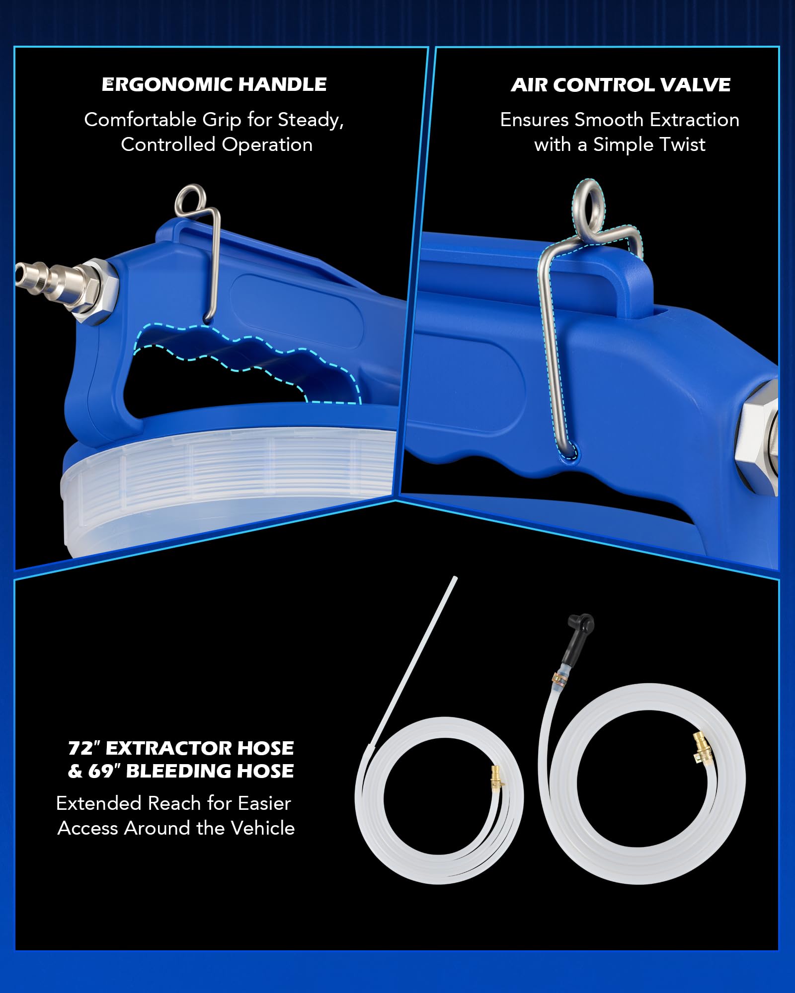 Orion Motor Tech scale showing 2L 2.1 qt collection bottle capacity for safe fluid storage