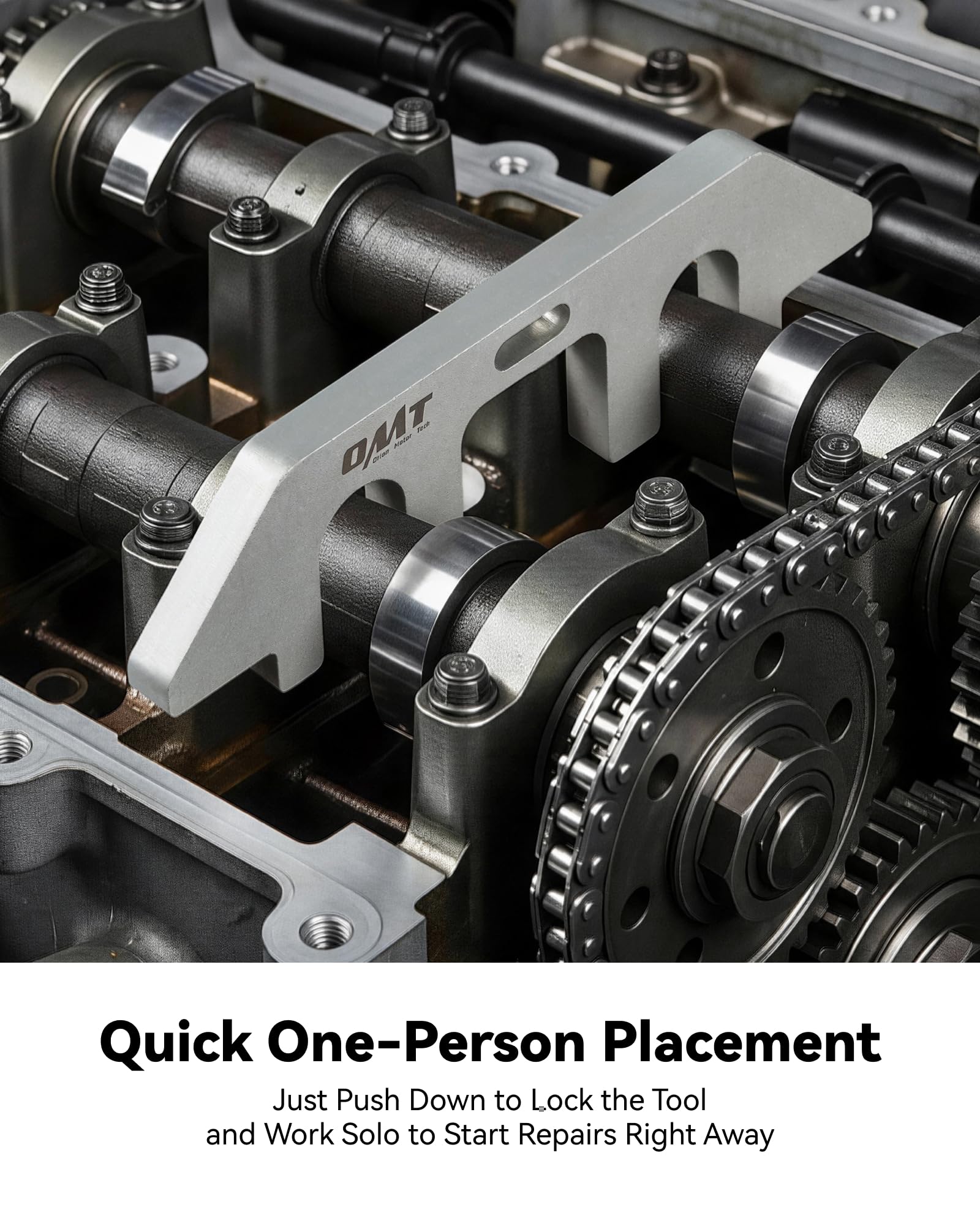 Orion Motor Tech close-up of 1045 steel alignment pin for accurate camshaft locking