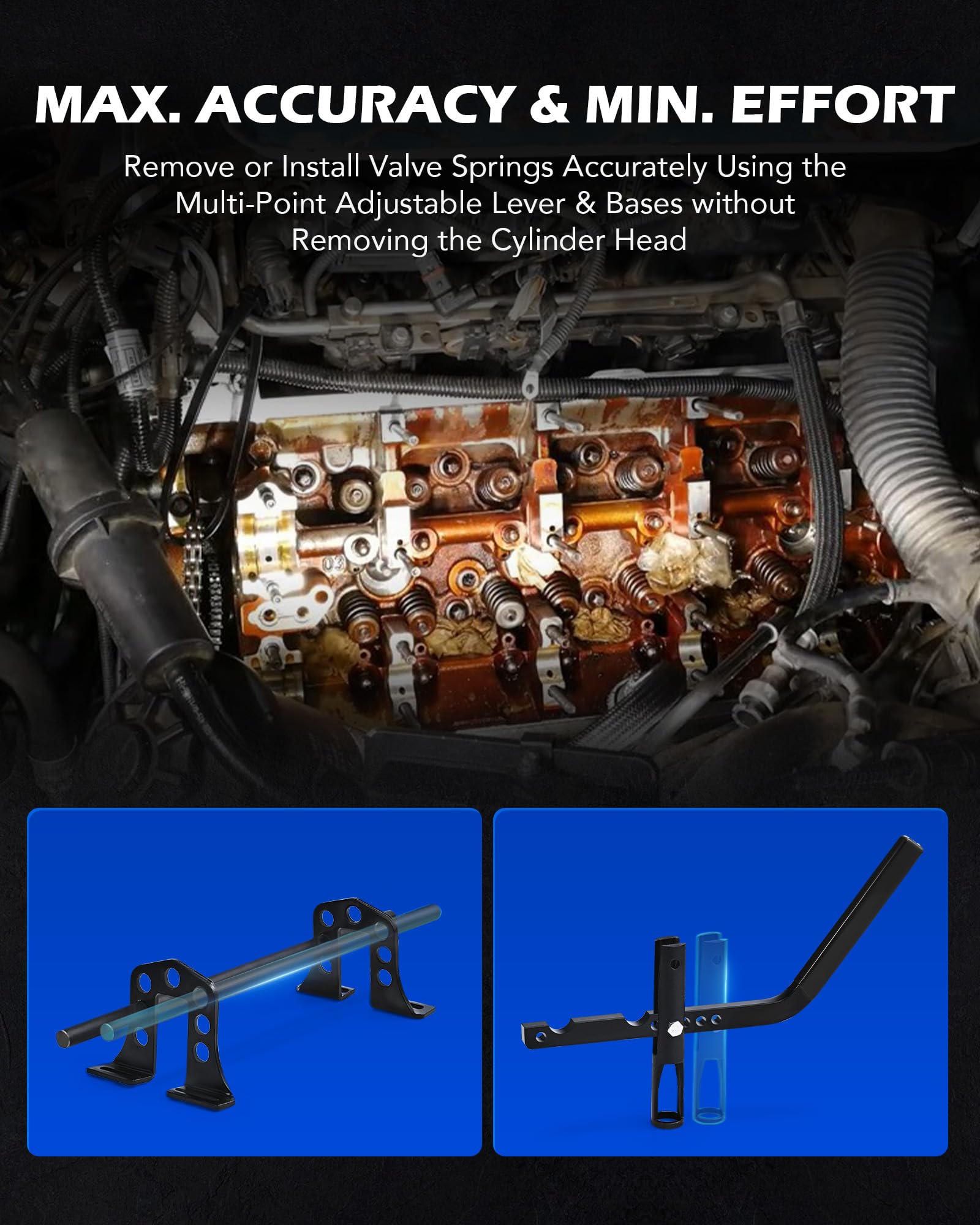 Orion Motor Tech compressor in use on engine illustrating safe on-head spring compression during service